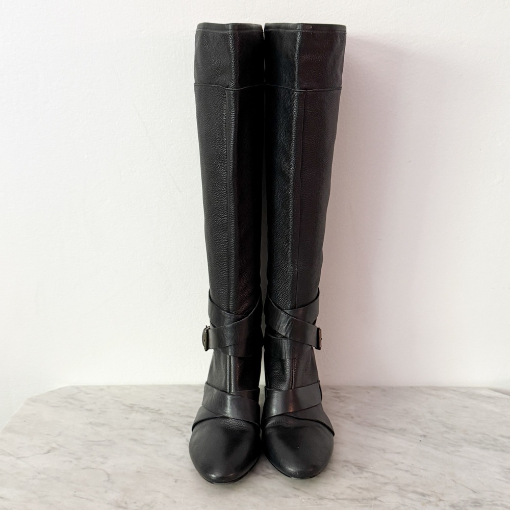 Cynthia Rowley Lainey Tall Buckle Boots 37 Black Pebbled Leather Cone Heel - Picture 3 of 9